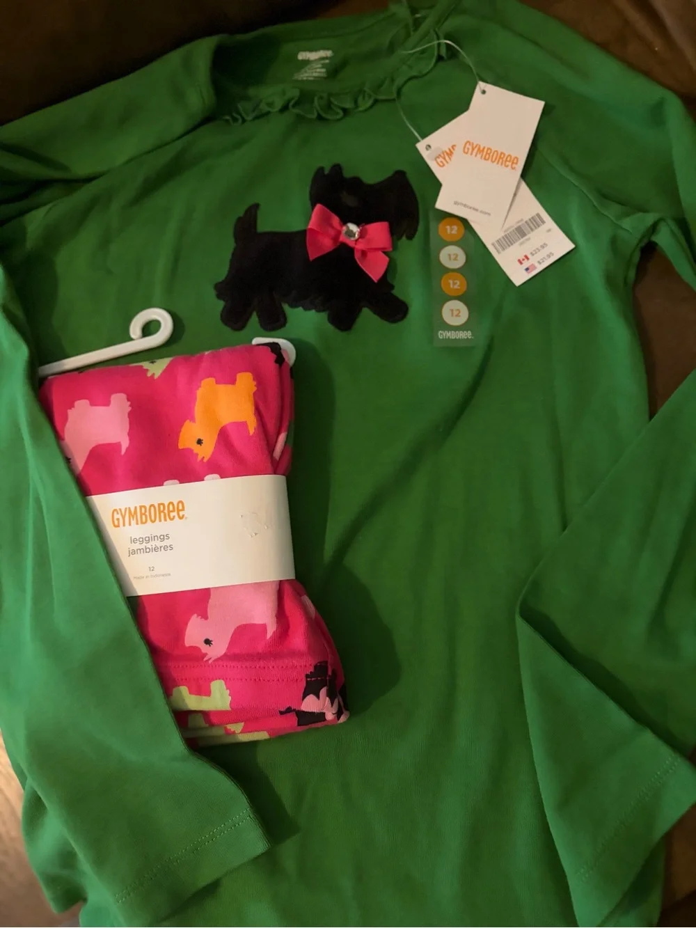 NWOT Gymboree Green Ruffle-Neck Top with Black Scottie Appliqué and Pink Bow